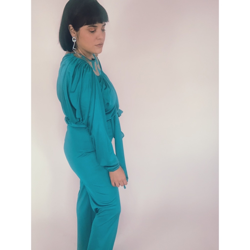 Vintage 60s Space age Teal Silver Pant Blouse Set - Picture 8 of 8